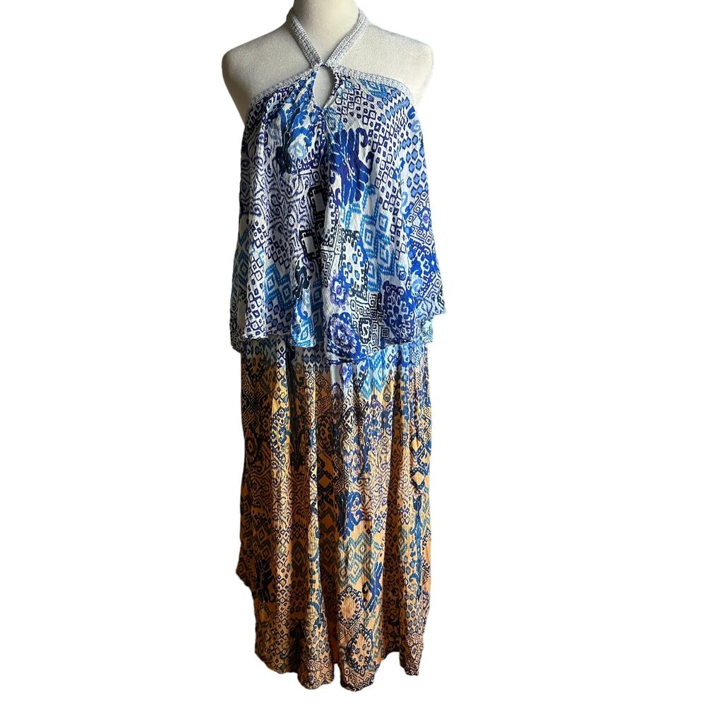 RAGA | Blue and Mustard Boho Tiered Midi Halter Neck Ruffle Sundress | Small - Picture 2 of 7